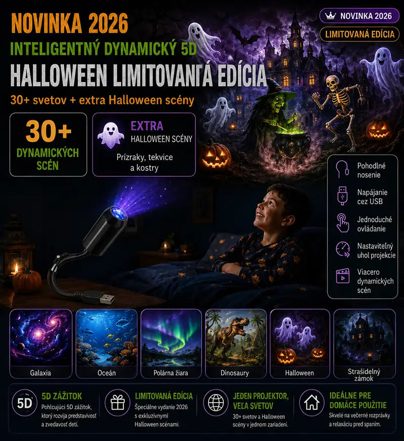 Halloweenska limitovaná edícia 5D holografického projektora – viac než 30 dynamických scén