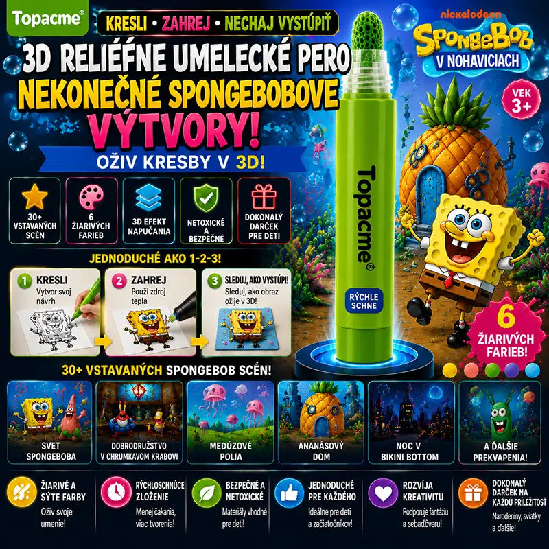 SpongeBob SquarePants 3D reliéfne umelecké pero🧽 – Oživte dobrodružstvá z Bikini Bottom pomocou hmatateľného 3D umenia✨
